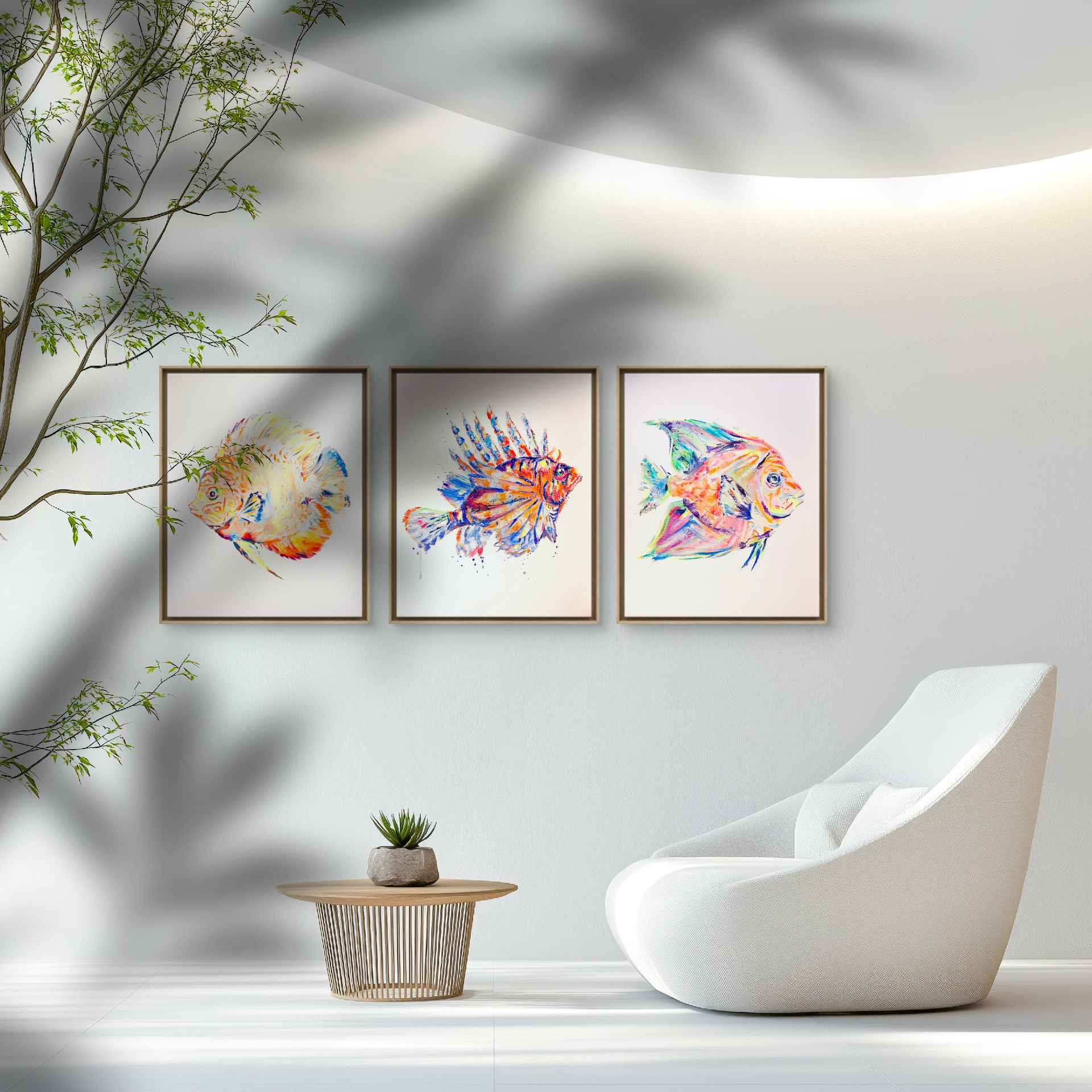 Fish triptych hanging in a bright modern living room with plant shadows