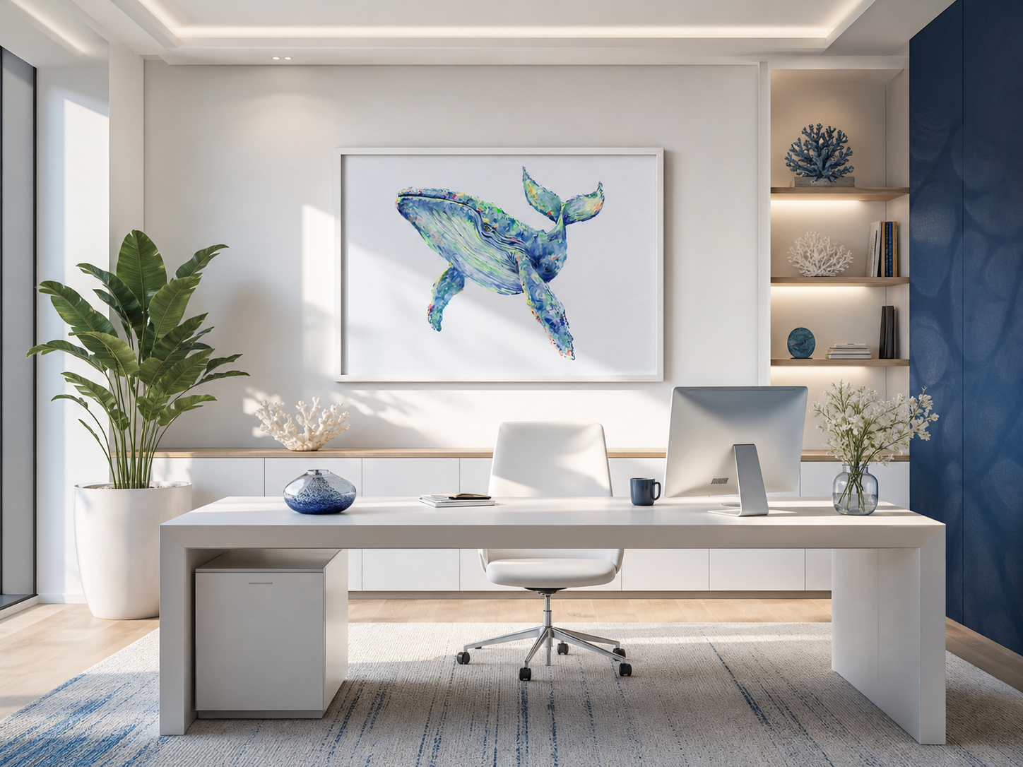 Humpback painting hanging in a bright modern office